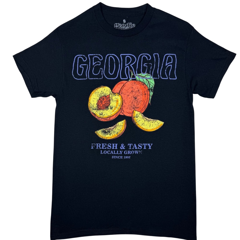 Goodie Two Sleeves Georgia Peach Graphic Tee Vintage Style Unisex Small‎ Black